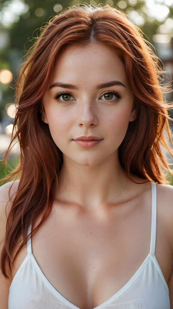 super realistic, detailed portrait, a beautiful young well busty girl with long auburn-red hair looks sweetly into the camera. She wears a white tank top with deep v-neck