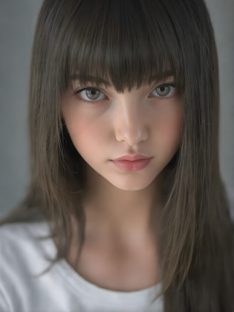 super realistic, detailed portrait, a beautiful young teen girl with long soft straight black hair bangs, round face, looks sweetly into the camera, she wears a short white t-shirt