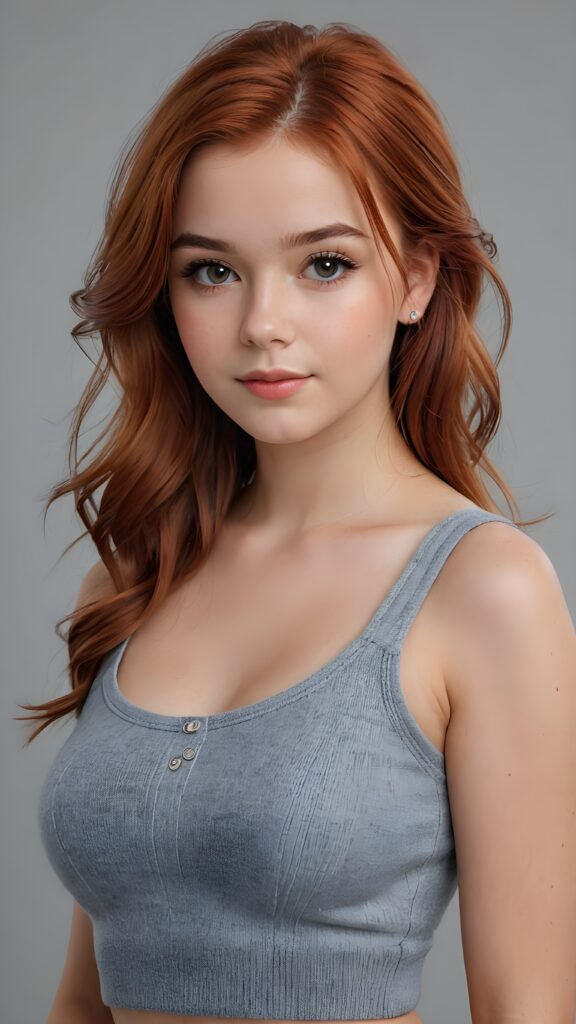 super realistic, 4k, detailed face, perfect curved body, well busty cute young teen girl, 16 years old, straight auburn-red hair, crop top made of fine wool, looks at the camera, portrait shot, grey background