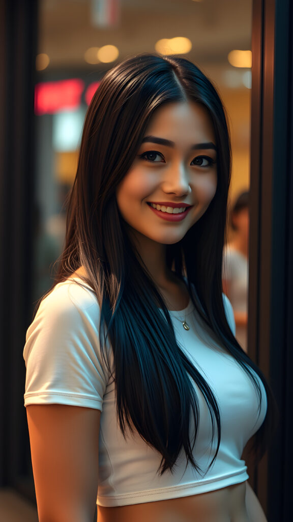 super realistic photo from a young stunning and gorgeous well busty teen girl with long, straight black hair, full lips, detailed eyes, smile, she wears a form-fitting thin white t-shirt with deep v-neck, perfect curved body