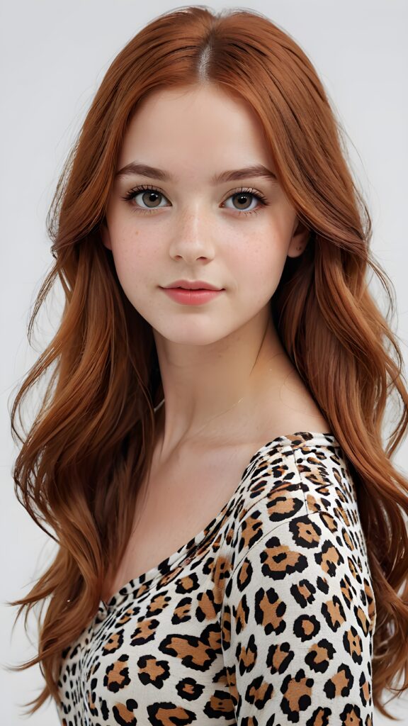 super realistic, 4k, detailed face, perfect curved body, cute young teen girl, long straight red hair, looks at the camera, portrait shot, white background, dressed in leopard pattern