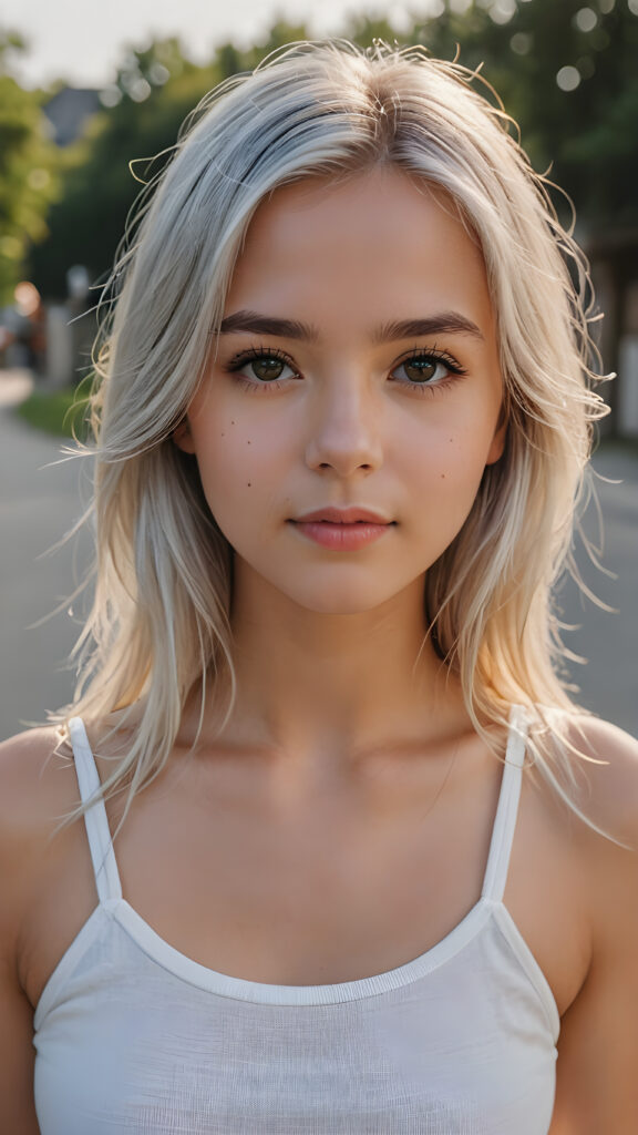 super realistic, detailed portrait, a beautiful young girl with long silver hair looks sweetly into the camera. She wears a white short tank top