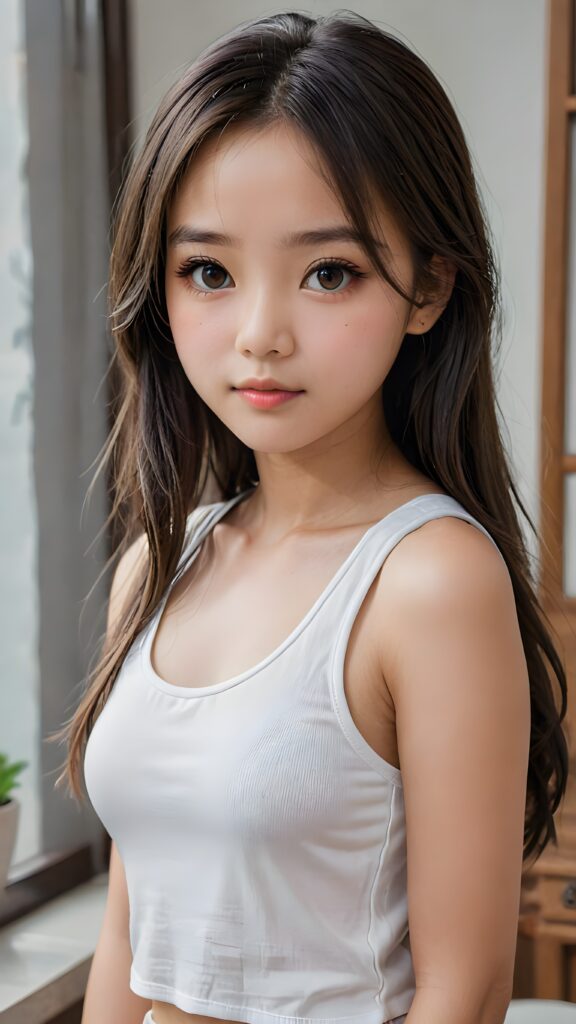 super realistic, detailed face, cute 14 years old Asian girl, long straight hair, realistic detailed eyes, wear white short tight tank top, looks sadly at the camera, perfect curved body