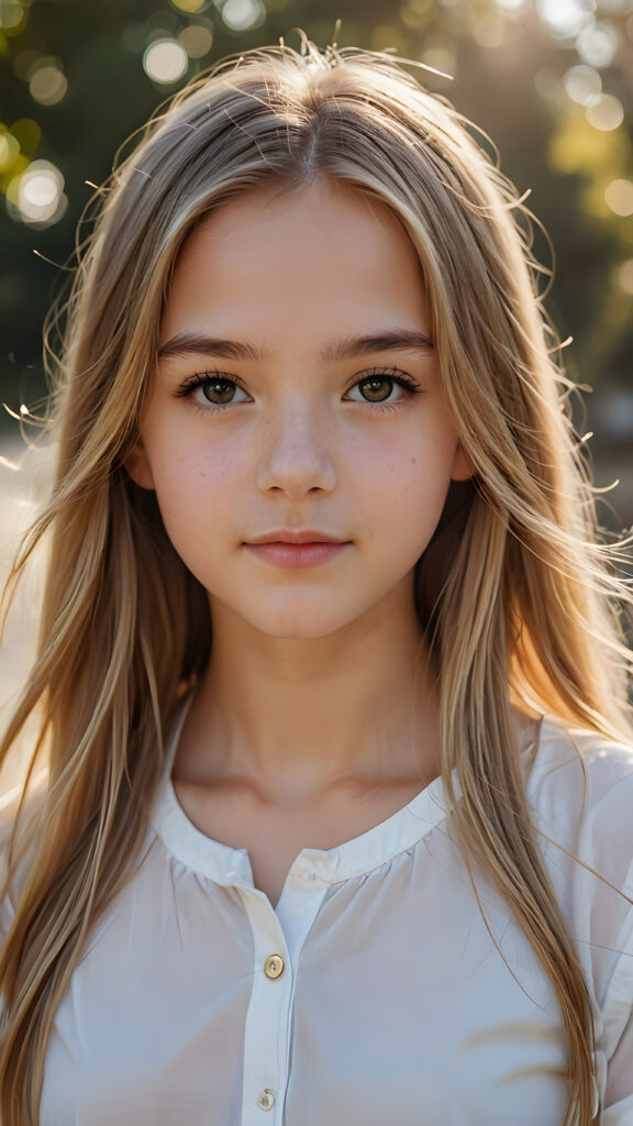 super realistic, detailed portrait, a beautiful young girl, 13 years old, with long soft straight gold hair looks sweetly into the camera. She wears a white shirt