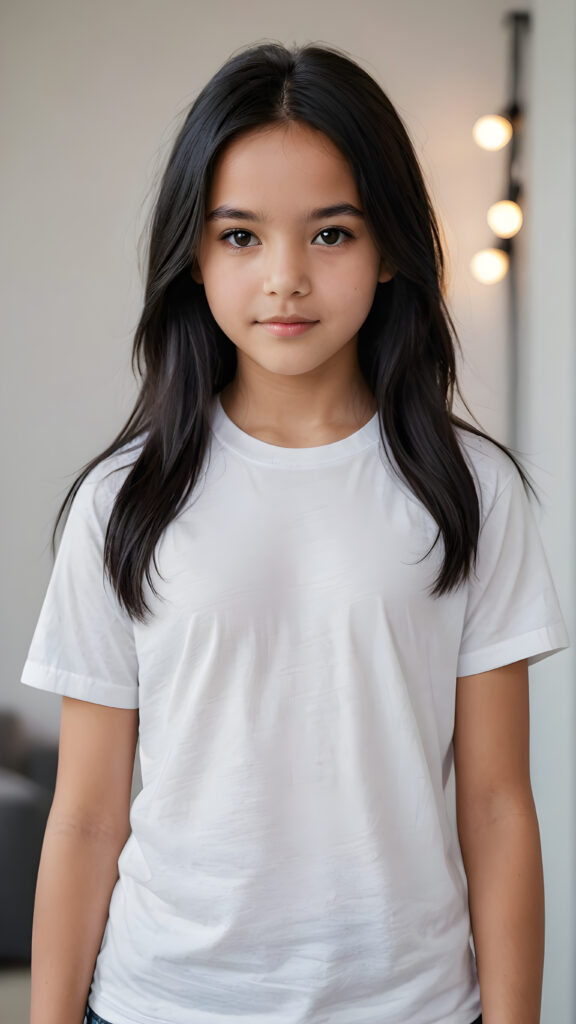 super realistic, detailed portrait, a beautiful young girl, 13 years old, with long soft obsidian black hair looks sweetly into the camera, ((she wears a white plain t-shirt))