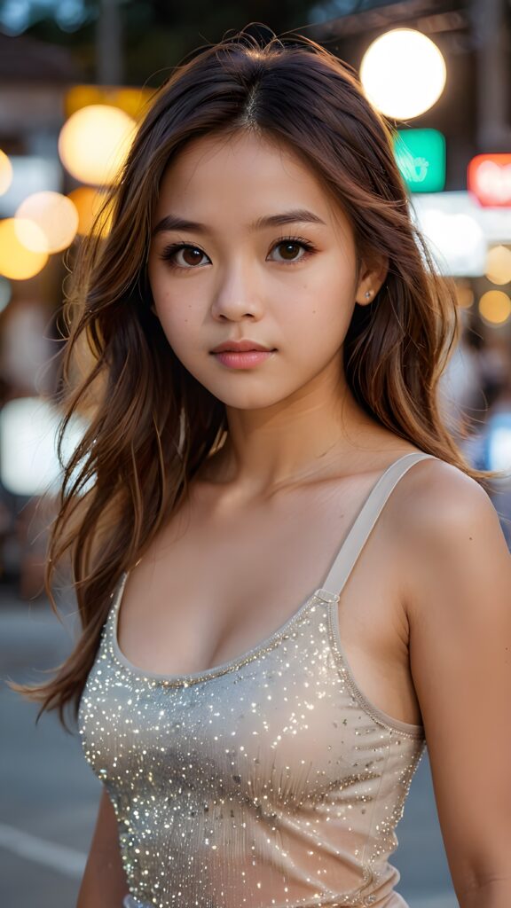 super realistic, cinematic lights, detailed face, perfect curved body, cute 16 years old asia girl, long detailed straight amber hair, brown detailed eyes, wear short tight tank top, looks sadly at the camera, portrait shot