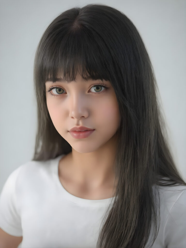 super realistic, detailed portrait, a beautiful young teen girl with long soft straight black hair bangs, round face, looks sweetly into the camera, she wears a short white t-shirt