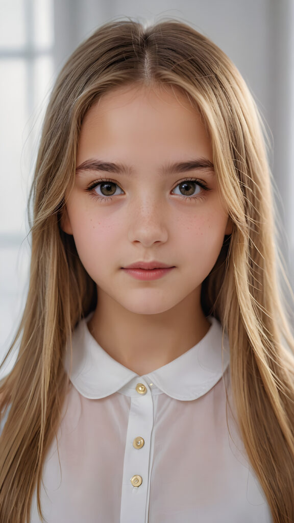 super realistic, detailed portrait, a beautiful young girl, 13 years old, with long soft straight gold hair looks sweetly into the camera. She wears a white shirt