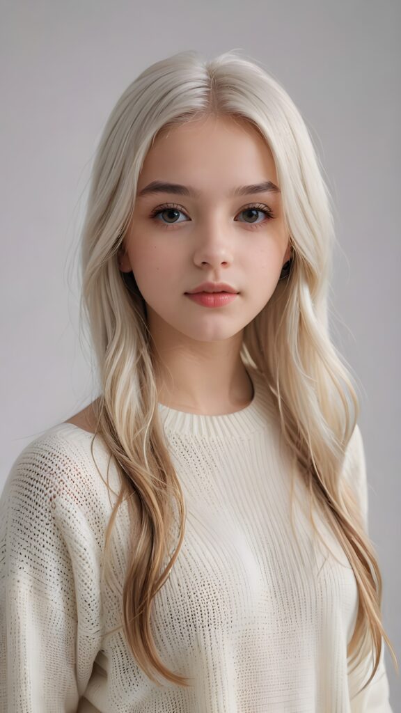 super realistic, detailed portrait, a beautiful young teen girl, 14 years old, perfect body, ((with long soft white straight hair)), and ((full lips)), looks sweetly into the camera, she wears a thin crop ((white sweater)) against ((light background))