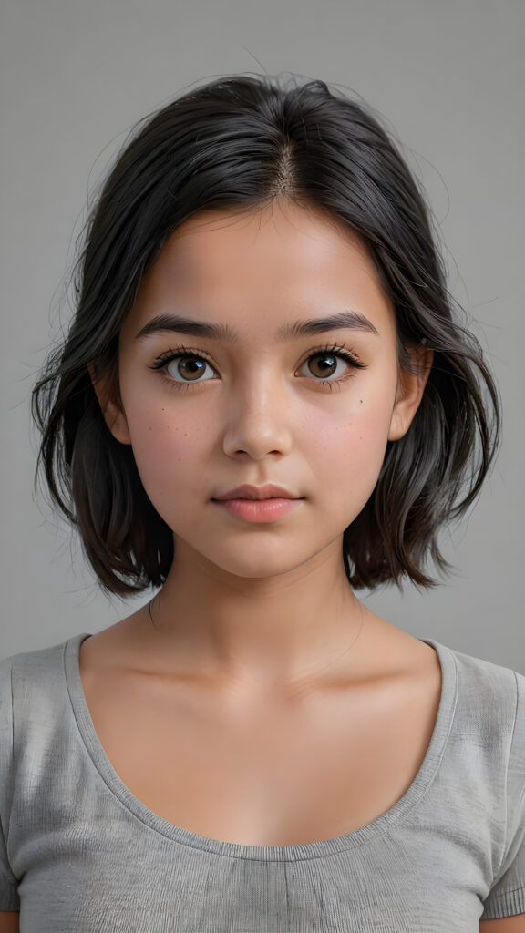 super realistic, 4k, detailed face, perfect curved body, cute young girl, straight black hair, crop top, looks at the camera, portrait shot, grey background, ((pencil drawing in grey))