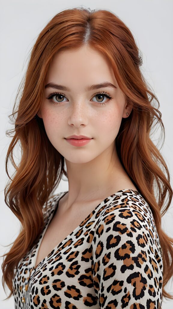 super realistic, 4k, detailed face, perfect curved body, cute young teen girl, long straight red hair, looks at the camera, portrait shot, white background, dressed in leopard pattern