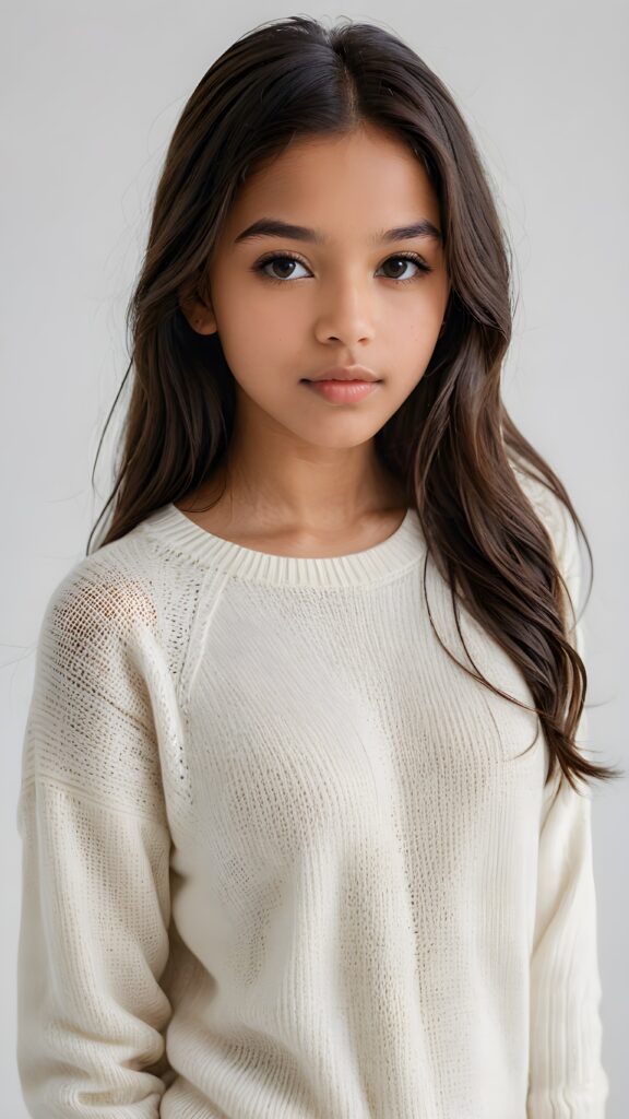 super realistic, detailed portrait, a beautiful young brown-skinned teen girl, 14 years old, perfect body, with long soft black straight hair, and ((full lips)), looks sweetly into the camera, she wears a thin crop ((white sweater)) against ((light background))