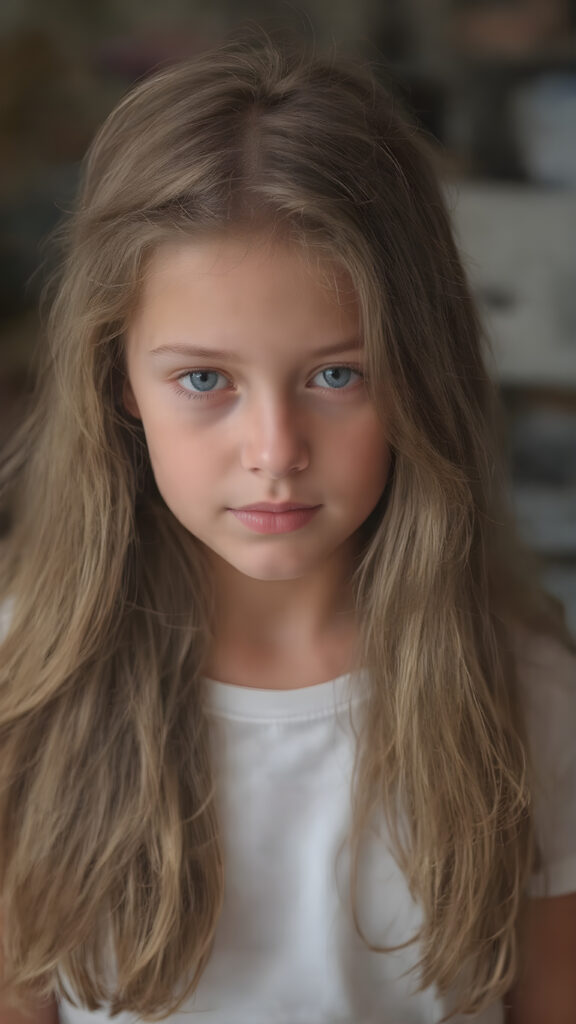 super realistic, detailed portrait, a beautiful young girl with long soft strong hair, looks sweetly into the camera, she wears a white t-shirt