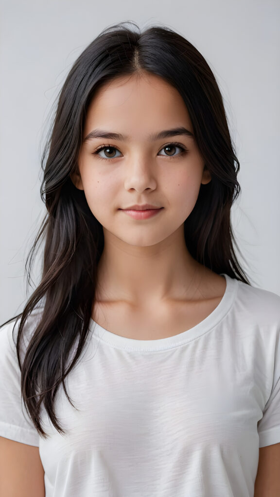 super realistic, detailed portrait, a beautiful young girl, 13 years old, with long soft obsidian black hair looks sweetly into the camera, ((she wears a white plain t-shirt))