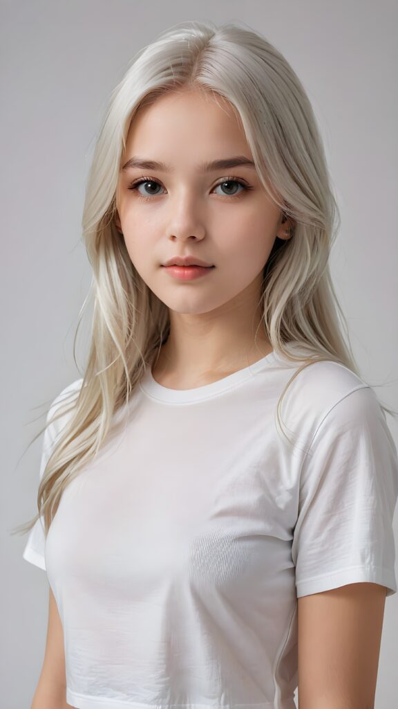 super realistic, detailed upper-body portrait, a beautiful young teen girl, 14 years old, perfect body, ((with long soft platinum white straight hair)), and ((full lips)), looks sweetly into the camera, she wears a thin ((white crop t-shirt)) against ((light background))