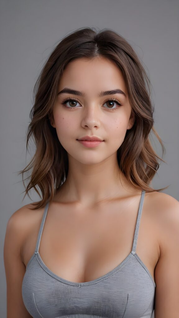 super realistic, 4k, detailed face, perfect curved body, well busty cute young girl, straight hair, crop top, looks at the camera, portrait shot, grey background