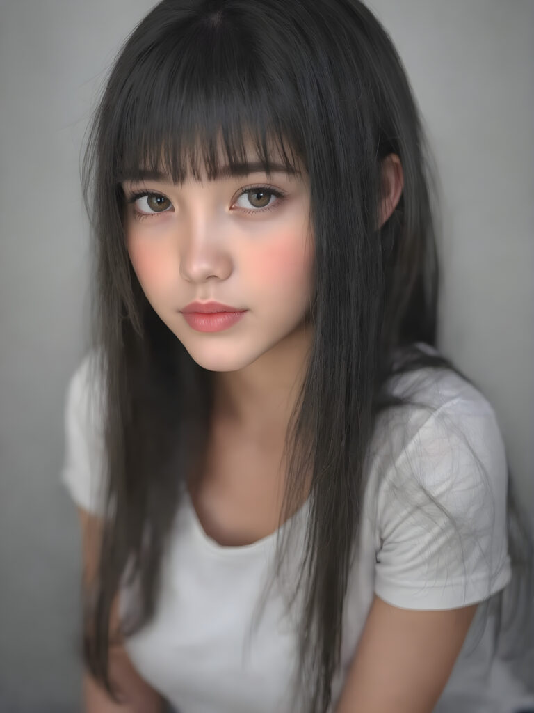 super realistic, detailed portrait, a beautiful young teen girl with long soft straight black hair bangs, round face, looks sweetly into the camera, she wears a short white t-shirt