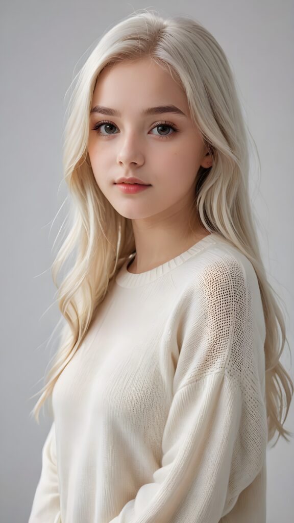 super realistic, detailed portrait, a beautiful young teen girl, 14 years old, perfect body, ((with long soft platinum white straight hair)), and ((full lips)), looks sweetly into the camera, she wears a thin crop ((white sweater)) against ((light background))