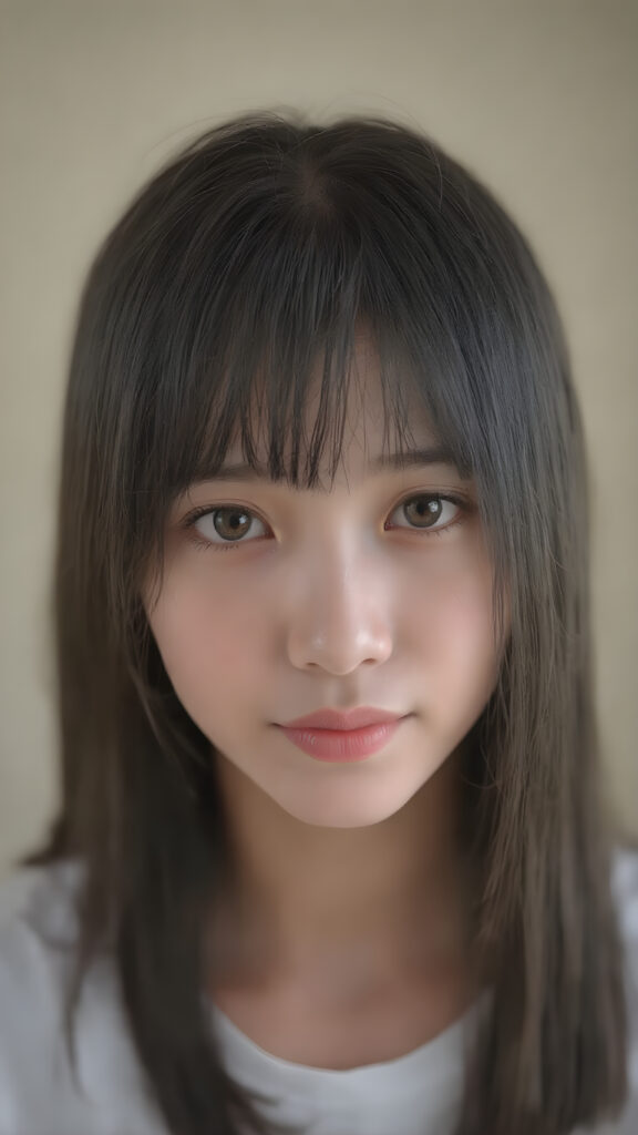 super realistic, detailed portrait, a beautiful young Asian teen girl with long soft straight dark hair bangs, round face, dark detailed eyes, looks sweetly into the camera, she wears a short white t-shirt