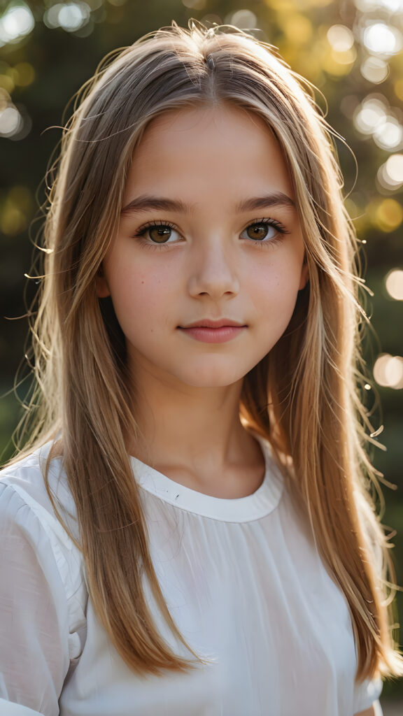 super realistic, detailed portrait, a beautiful young girl, 13 years old, with long soft straight gold hair looks sweetly into the camera. She wears a white shirt