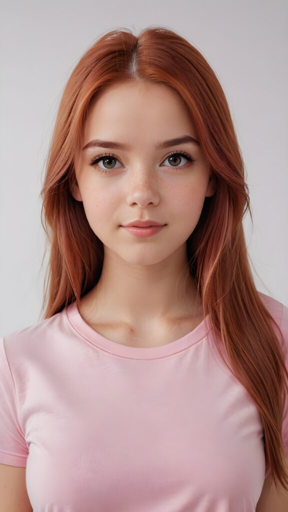 super realistic, 4k, detailed face, perfect curved body, cute young teen girl, long straight (light red hair), looks at the camera, portrait shot, white background, ((pink t-shirt))