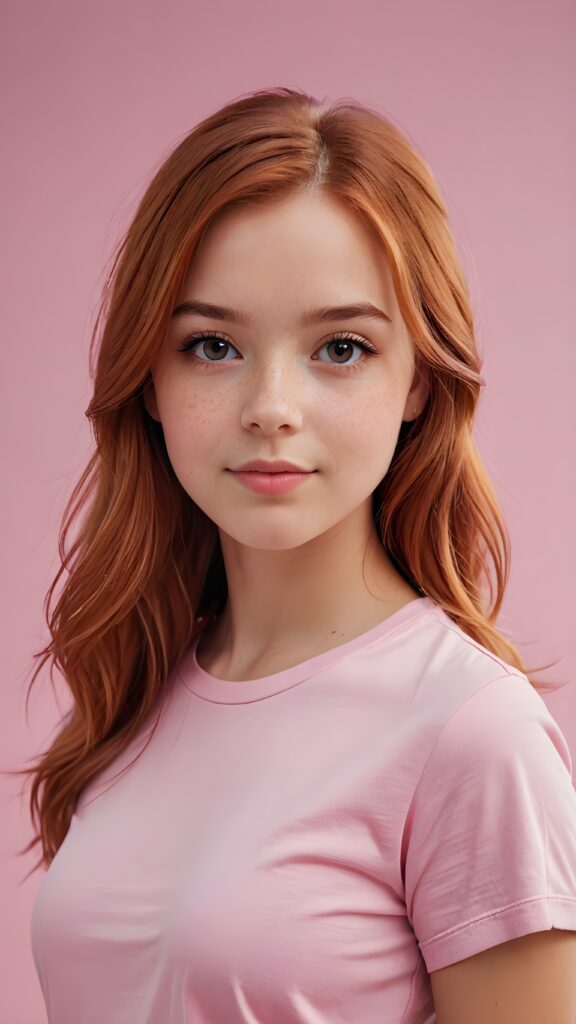 super realistic, 4k, detailed face, perfect curved body, cute young teen girl, long straight (light red hair), looks at the camera, portrait shot, white background, ((pink t-shirt))