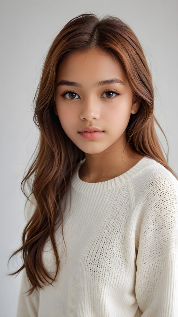 super realistic, detailed portrait, a beautiful young brown-skinned teen girl, 14 years old, perfect body, with long soft brown straight hair, and ((full lips)), looks sweetly into the camera, she wears a thin crop ((white sweater)) against ((light background))