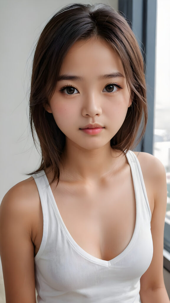 super realistic, detailed face, cute innocent 14 years old Asian girl, long straight super soft hair, realistic detailed eyes, wear white short plain tight tank top with deep v-neck, looks sadly at the camera, perfect curved body