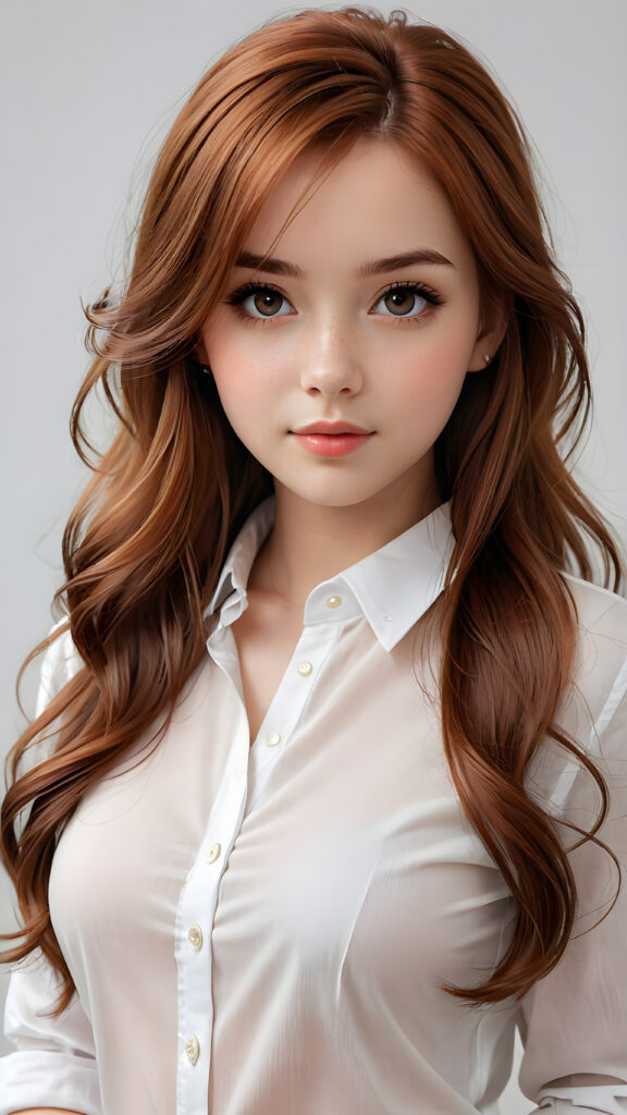 super realistic, detailed, ((gorgeous)) ((stunning)) cute young girl, full portrait, long auburn hair, 18 years old, white shirt