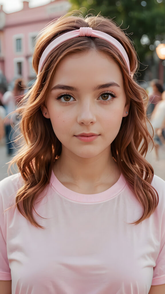 super realistic, 4k, detailed, a cute petite girl with long auburn hair in a ((plastic headband)), ((light pink t-shirt))