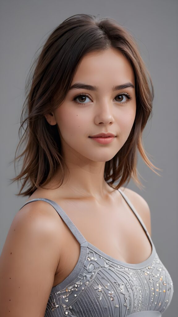 super realistic, 4k, detailed face, perfect curved body, well busty cute young girl, straight hair, crop top, looks at the camera, portrait shot, grey background