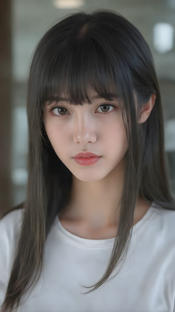 super realistic, detailed upper body portrait, a beautiful young Korean teen girl with long soft straight jet black hair bangs, round face, dark detailed eyes, looks sweetly into the camera, she wears a short white t-shirt, K-Drama Style