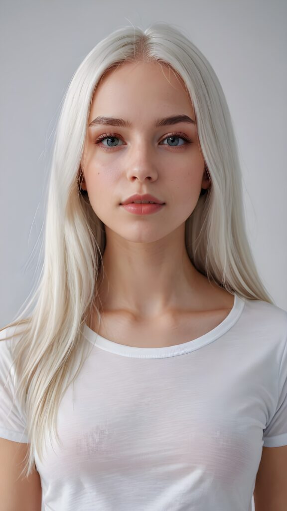 super realistic, detailed upper-body portrait, a beautiful young and petite girl, perfect body, ((with long soft platinum white straight hair)), and ((full lips)), looks sweetly into the camera, she wears a thin ((white crop t-shirt)) against ((light background))