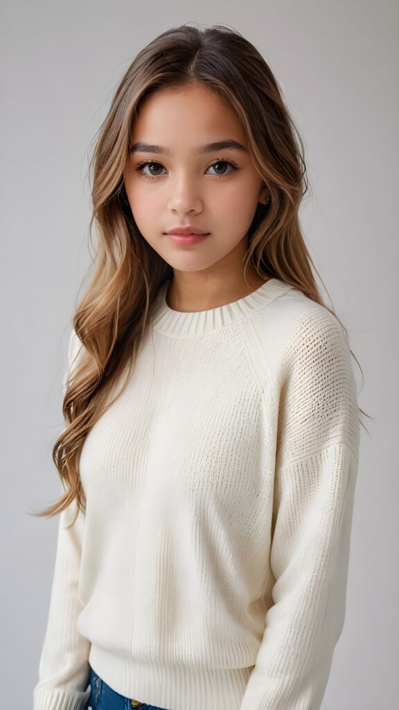 super realistic, detailed portrait, a beautiful young brown-skinned teen girl, 14 years old, perfect body, with long soft blonde straight hair, and ((full lips)), looks sweetly into the camera, she wears a thin crop ((white sweater)) against ((light background))