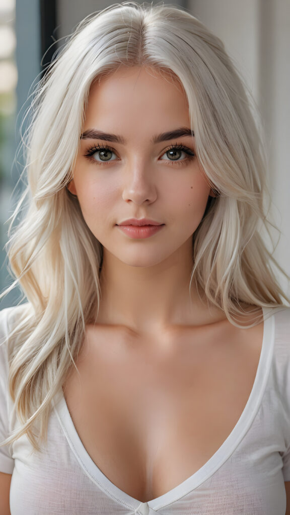 super realistic, detailed portrait, a beautiful young busty girl with long platinum white hair looks sweetly into the camera. She wears a white t-shirt with deep v-neck