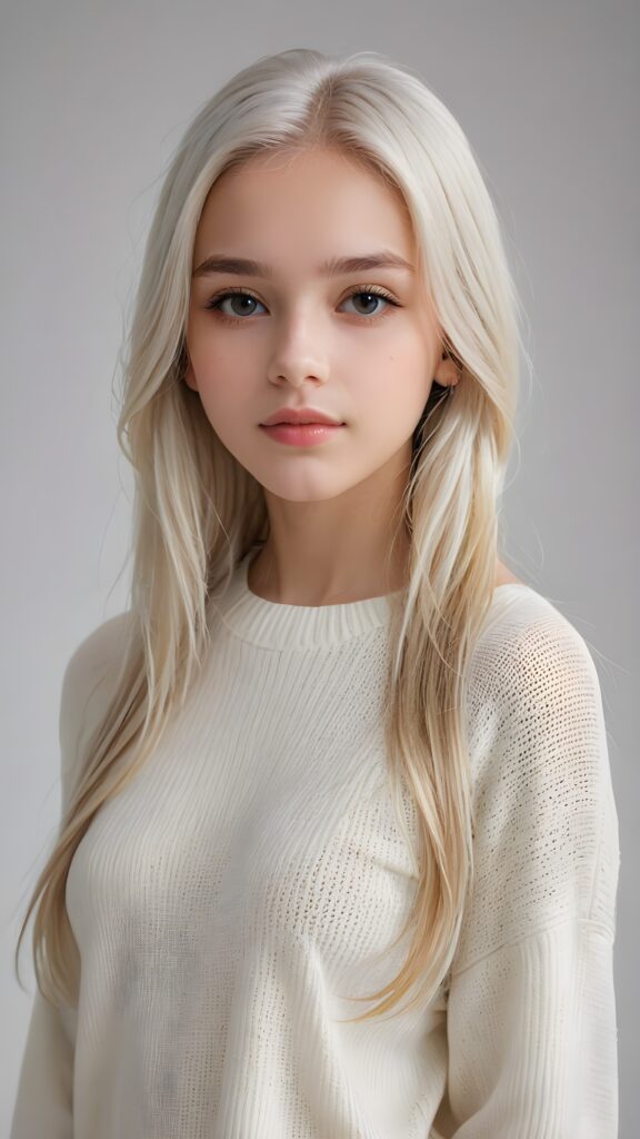 super realistic, detailed portrait, a beautiful young teen girl, 14 years old, perfect body, ((with long soft platinum white straight hair)), and ((full lips)), looks sweetly into the camera, she wears a thin crop ((white sweater)) against ((light background))