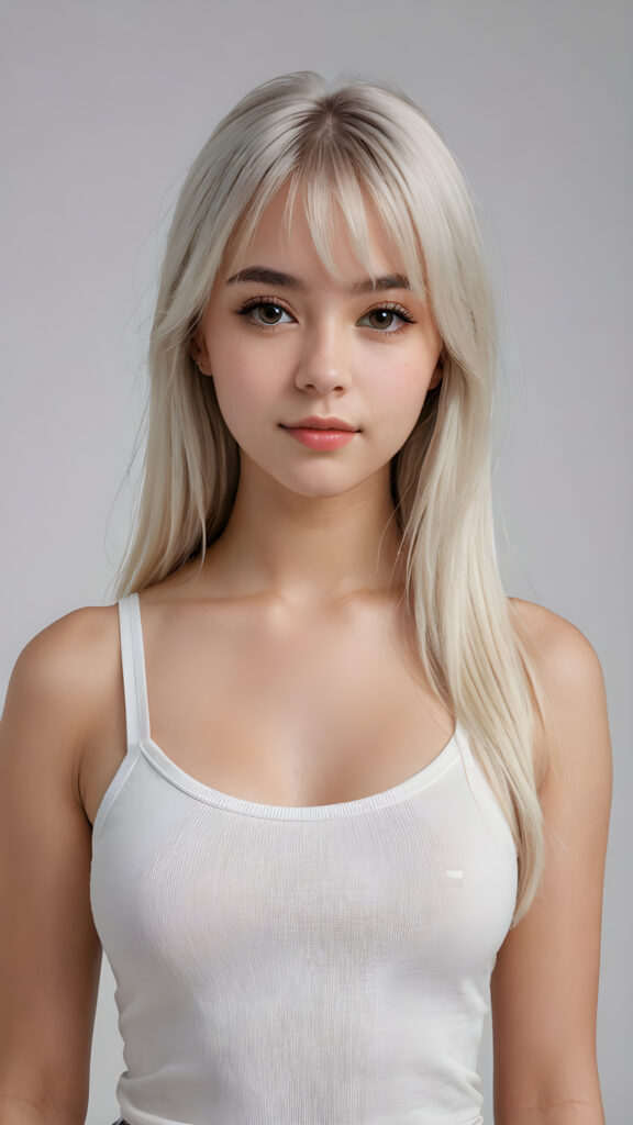 super realistic, 4k, detailed face, perfect curved body, cute teen girl, long white straight hair, bangs cut, wear only a white short tight tank top, looks at the camera, portrait shot