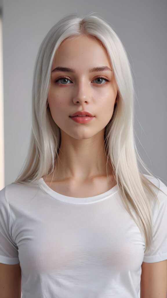 super realistic, detailed upper-body portrait, a beautiful young and petite girl, perfect body, ((with long soft platinum white straight hair)), and ((full lips)), looks sweetly into the camera, she wears a thin ((white crop t-shirt)) against ((light background))