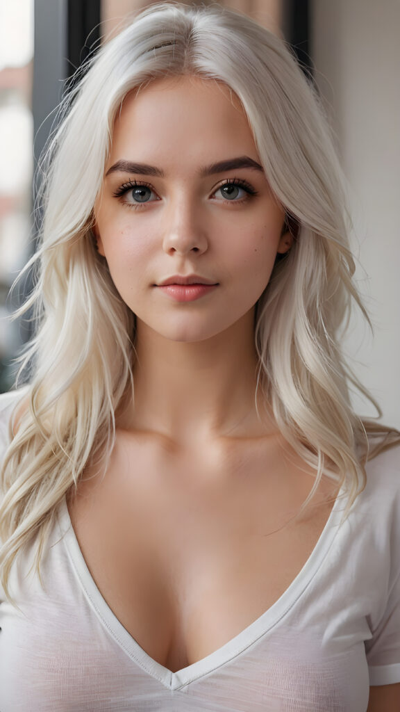 super realistic, detailed portrait, a beautiful young busty girl with long platinum white hair looks sweetly into the camera. She wears a white t-shirt with deep v-neck