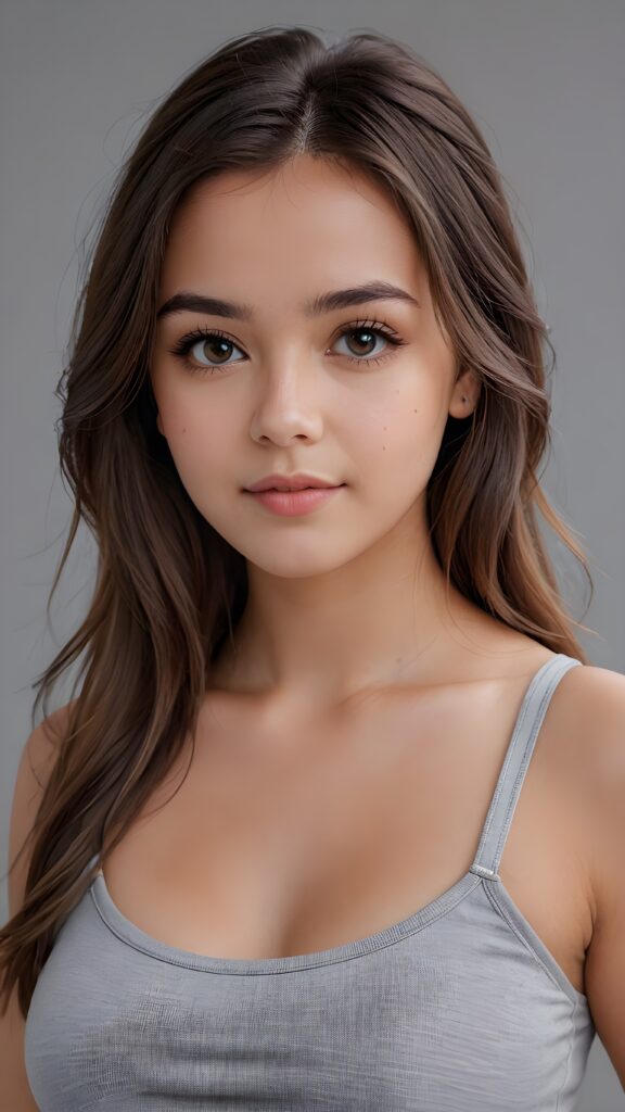 super realistic, 4k, detailed face, perfect curved body, well busty cute young girl, straight hair, crop top, looks at the camera, portrait shot, grey background