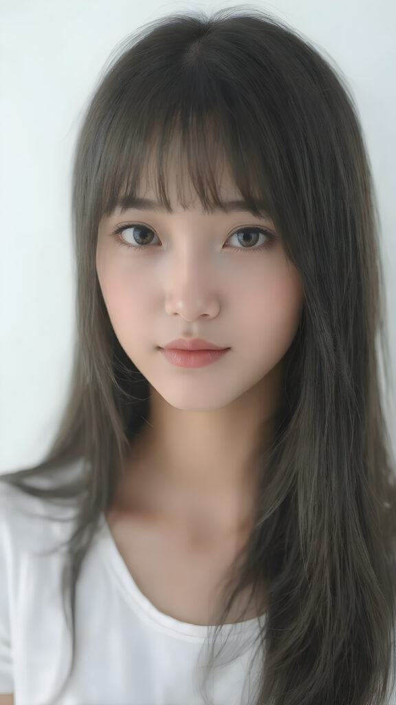 super realistic, detailed portrait, a beautiful young Asian teen girl with long soft straight dark hair bangs, round face, dark detailed eyes, looks sweetly into the camera, she wears a short white t-shirt