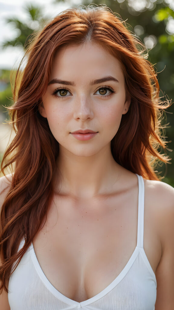 super realistic, detailed portrait, a beautiful young well busty girl with long auburn-red hair looks sweetly into the camera. She wears a white tank top with deep v-neck