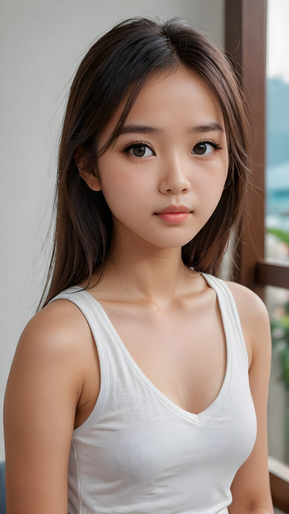 super realistic, detailed face, cute innocent 14 years old Asian girl, long straight super soft hair, realistic detailed eyes, wear white short plain tight tank top with deep v-neck, looks sadly at the camera, perfect curved body