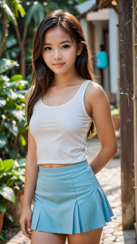 super realistic, perfect curved body, detailed face, cute 13 years old Thailand teen girl, wear super short tight tank top, round short mini skirt, perfect pose, perfect detailed eyes, long straight hair, full body shot