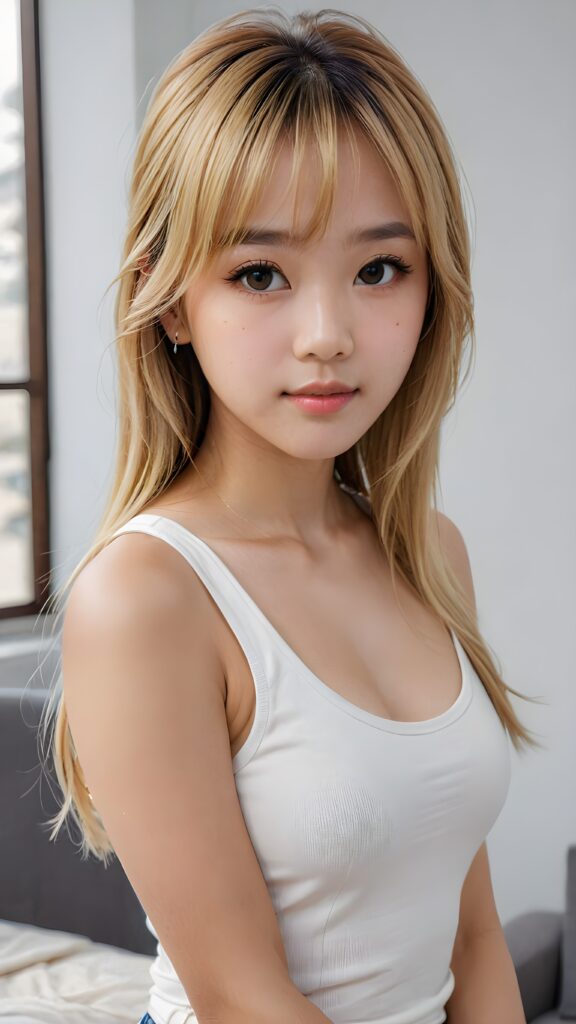 super realistic, 4k, detailed face, perfect curved body, cute Asian teen girl, long blonde straight hair, Korean styled bangs, wear only a white short tight tank top, looks at the camera, portrait shot