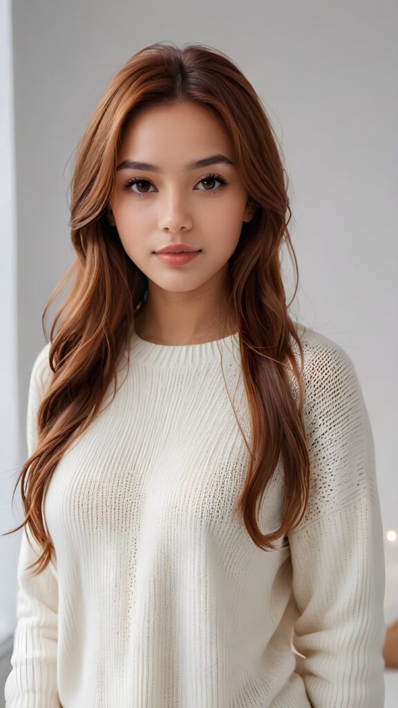 super realistic, detailed portrait, a beautiful young brown-skinned girl, perfect body, with long soft auburn-red straight hair, and ((full lips)), looks sweetly into the camera, she wears a thin crop ((white sweater)) against ((light background))