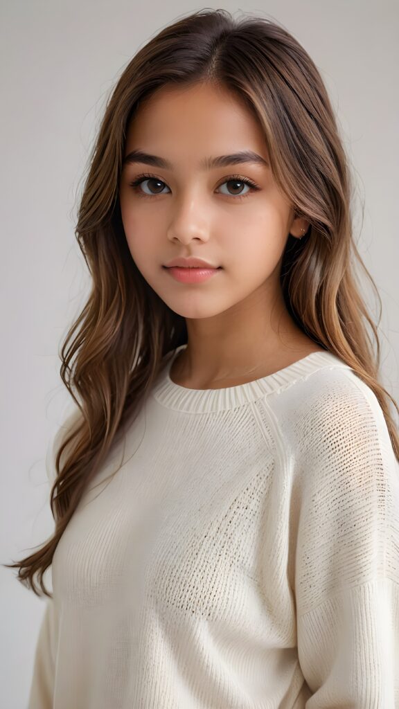 super realistic, detailed portrait, a beautiful young brown-skinned teen girl, 14 years old, perfect body, with long soft brown-blonde straight hair, and ((full lips)), looks sweetly into the camera, she wears a thin crop ((white sweater)) against ((light background))