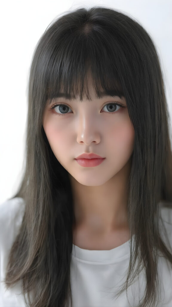 super realistic, detailed upper body portrait, a beautiful young Korean teen girl with long soft straight jet black hair bangs, round face, dark detailed eyes, looks sweetly into the camera, she wears a short white t-shirt, K-Drama Style