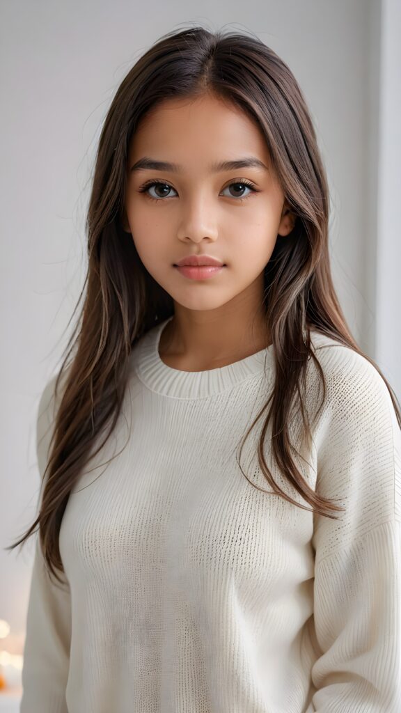 super realistic, detailed portrait, a beautiful young brown-skinned teen girl, 14 years old, perfect body, ((with long soft straight hair)), and ((full lips)), looks sweetly into the camera, she wears a thin crop ((white sweater)) against ((light background))