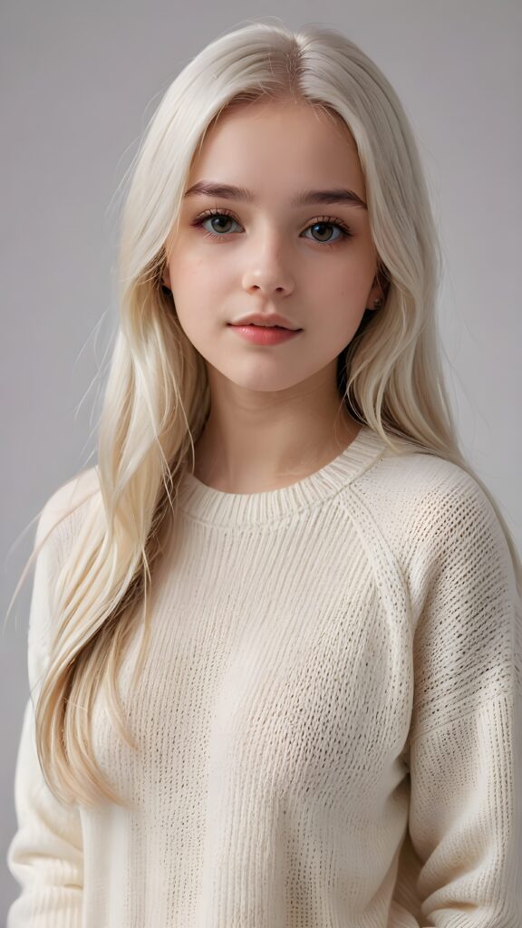 super realistic, detailed portrait, a beautiful young teen girl, 14 years old, perfect body, ((with long soft white straight hair)), and ((full lips)), looks sweetly into the camera, she wears a thin crop ((white sweater)) against ((light background))